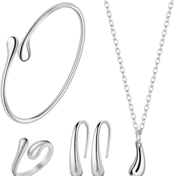 New 4 Pcs 925 Sterling Silver Jewelry Set for Women Teardrop Pendant Nec… - Picture 1 of 2
